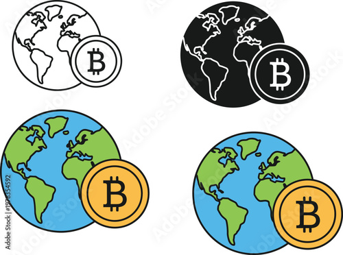 Bitcoin globe vector illustration set featuring cryptocurrency coins with world maps in flat outline and solid colors for financial design concepts