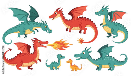 Childish fantasy dragon illustration set with magical flying dragons and baby mythical creatures