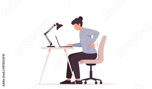 Office worker with lower back pain sitting at desk with laptop ergonomic health illustration