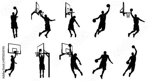 Basketball Player Silhouettes: Dunking and Shooting Action Poses