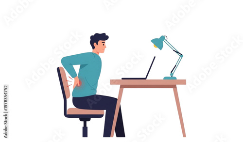 Workplace ergonomics illustration with employee suffering back pain at desk computer