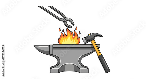 Blacksmith Forge: Tongs Holding Hot Metal Over Anvil, Hammer Ready
