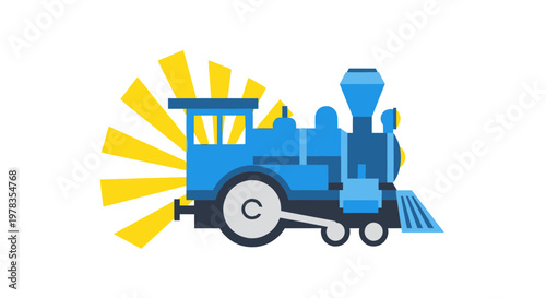 Blue Steam Locomotive with Yellow Rays on White Background