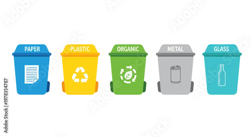 Colorful Recycling Bins for Paper, Plastic, Organic, Metal, and Glass Waste