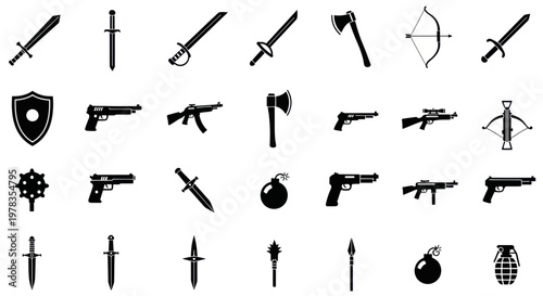 Collection of Black Weapons Icons: Swords, Guns, Axes, Bows, Bombs, Shields