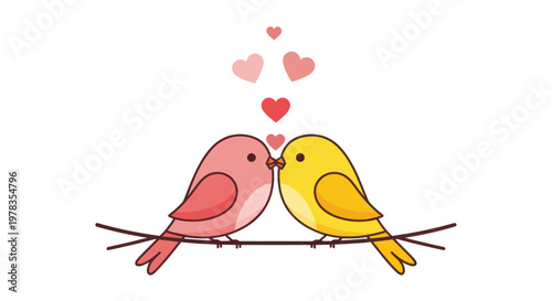 Cute Couple Birds Kissing on Branch with Hearts, Love Concept