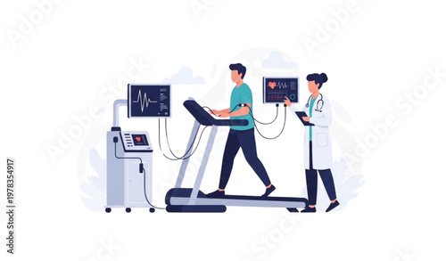 Cardiology test illustration with doctor supervising ECG treadmill heart monitoring
