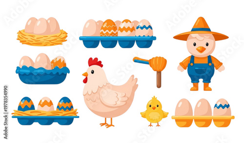 Cute chicken and eggs illustration set with nest tray chick and hen Easter farm design
