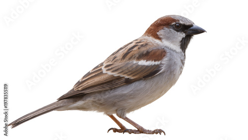 Photos Brown and grey sparrow bird with black beak, isolated on transparent background