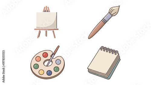 Creative Art Supplies: An arrangement of essential art supplies, including a blank canvas on an easel, a paint brush, a palette and a sketchpad, ready for creative expression.