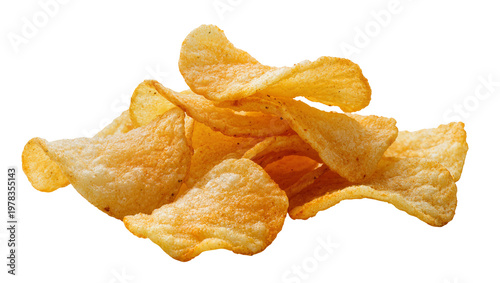 Crispy golden potato chips piled together, isolated on transparent background