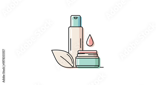 Cosmetic products illustration with leaves and drop on white background