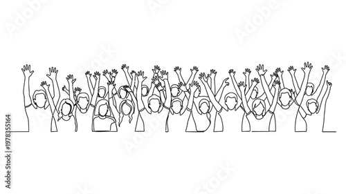 People celebrating with raised hands in unison. Continuous line style. Hand drawn. Line art. Vector design. illustrations