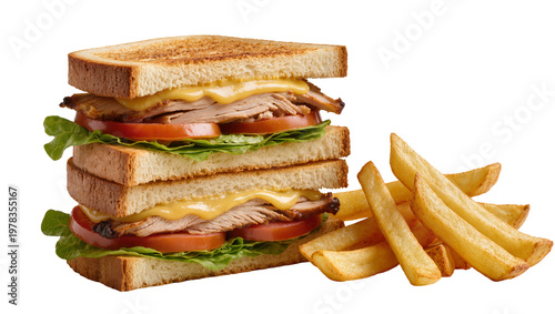 Cuadro en lienzo Stacked triple-decker club sandwich with melted cheese sliced tomatoes lettuce a