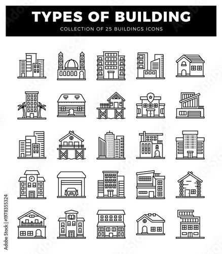 building icons in outline style.  Various residential. commercial. and public structures illustrated on a white background.