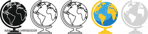 Globe vector illustration set featuring different graphical styles like flat color line art and solid black silhouette for creative design projects