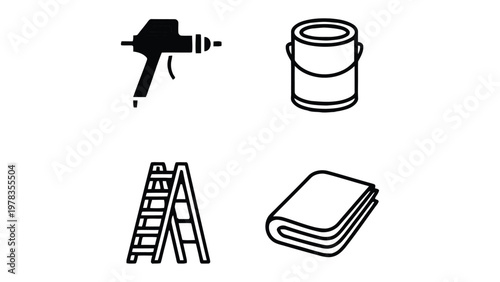 Painting Essentials: A clean, well-organized composition showcases the core tools of painting, represented by a spray gun, a paint can, a stepladder, and a paint-soaked cloth.