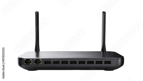 Obraz na plátne Black wireless router with two antennas and multiple Ethernet ports, isolated on