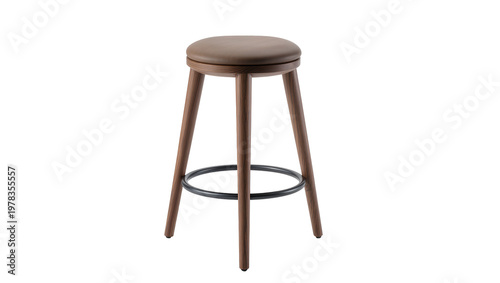 Brown leather round seat bar stool with wooden legs and metal footrest, isolated on transparent background