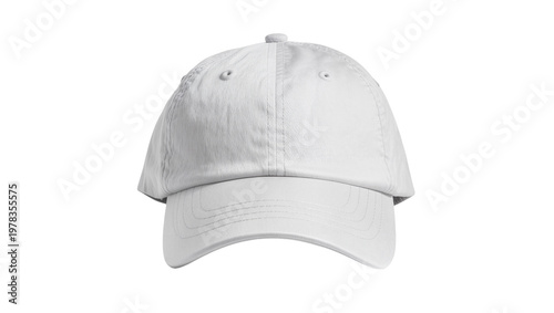 Plain white baseball cap with curved brim, isolated on transparent background