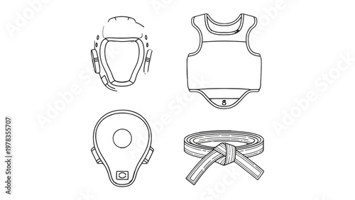 Martial Arts Gear Illustration: A detailed illustration showcasing essential martial arts protective gear, highlighting the equipment used to ensure safety and enhance performance in combat sports.