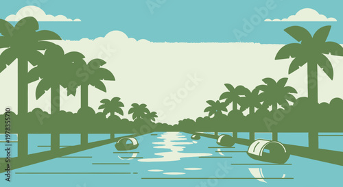 Retro tropical beach landscape vector illustration, palm tree coast with calm ocean water and sandy shore in teal and cream, summer vacation travel background for posters and banners