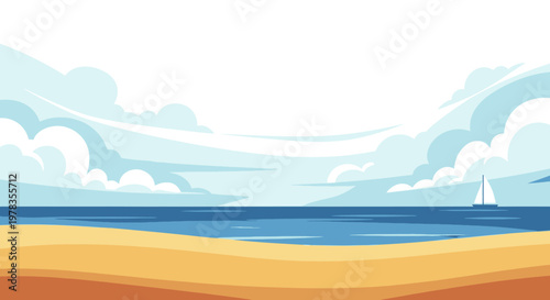 Minimalist flat beach landscape vector illustration, coastal seascape with sand dunes and soft blue sky clouds, clean summer shoreline background banner for travel ads