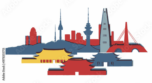 Modern city skyline vector silhouette, red blue and yellow urban panorama with bridges towers and river boats. Flat geometric architecture illustration for travel poster branding
