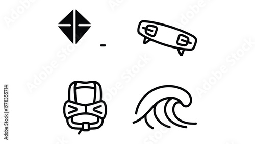 Kite surfing essentials: A minimalistic set of graphic icons that depict the key equipment needed for kitesurfing. The collection showcases a kite, a kiteboard, a harness, and a wave.