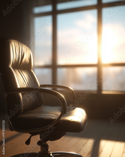 Office Chair with View: A lone, executive leather chair sits bathed in sunlight, overlooking a panoramic view, which evokes feelings of contemplation and ambition.