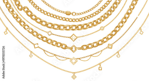 Elegant gold chain necklace vector, layered jewelry border with diamond charms and bead links on white background. Luxury fashion accessory illustration for branding, invitations, packaging