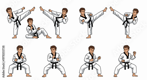 Karate martial arts fighters in white gi, vector set of 8 men doing kicks and punches. Taekwondo combat training poses, isolated illustration for sport logo, dojo poster, web icons