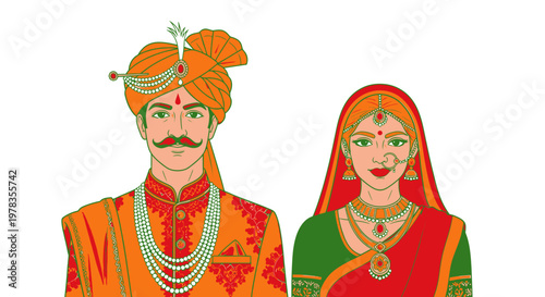 Traditional Indian wedding couple vector portrait, bride and groom in red and orange ethnic attire with jewelry and turbans, flat illustration for invitations and posters