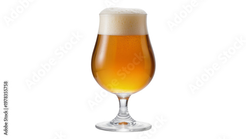 Golden amber beer with frothy head in tulip glass, isolated on transparent background