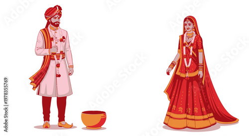 Traditional Indian wedding couple vector illustration, bride in red lehenga and groom in sherwani, flat cartoon people character design in bright colors for invitation, ceremony, culture