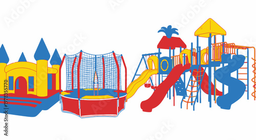 Colorful inflatable playground vector, kids bounce house and slide amusement park illustration in red blue yellow, outdoor party entertainment graphic for banner poster web ads