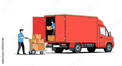 Flat vector moving truck and delivery worker loading cardboard boxes, red cargo van transport service illustration on white. Relocation logistics concept for shipping, courier, e-commerce