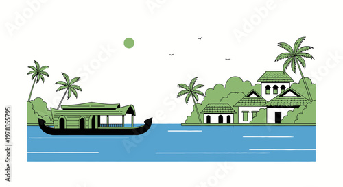 Flat tropical island landscape vector, seaside village with palm trees and boat on blue water. Minimal cartoon nature scenery illustration for travel banner, web header, poster