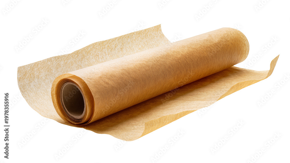 Fototapeta premium Rolled baking parchment paper unrolling onto a surface, isolated on transparent background