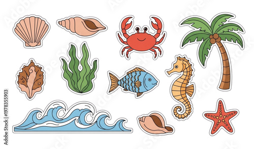 Retro nautical doodle sticker set with seashells fish seahorse waves and tropical marine elements