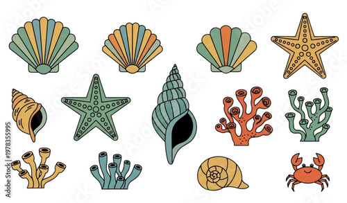 Retro nautical seashells and marine animals cartoon vector illustration for beach summer designs