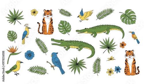 Exotic jungle sticker pack tropical animals plants and retro cartoon botanical elements vector set