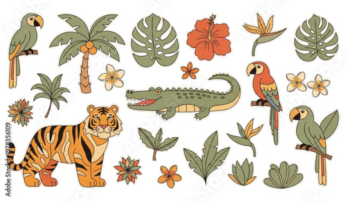 Retro cartoon jungle animals and tropical leaves sticker collection exotic wildlife vector illustration