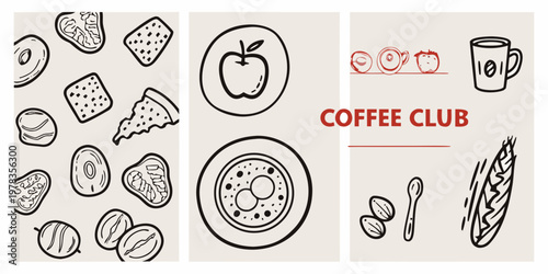 Doodle style illustration featuring breakfast foods fruit and coffee items
