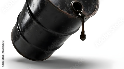 Photorealistic oil barrel with single drop symbolizing last resources, oil shortage and global energy crisis.