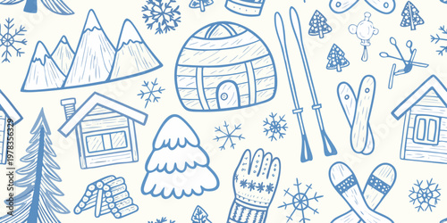 Winter themed doodle pattern with mountains skis and cozy cabins