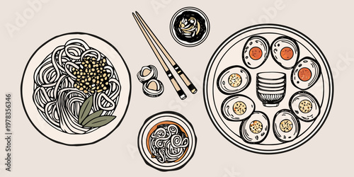 A flat lay illustration of various japanese dishes and tableware