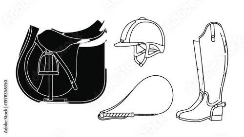 Equestrian Gear Outline: An elegant collection of essential equestrian equipment, expertly rendered in a sleek line-art style, evoking the essence of horse riding.