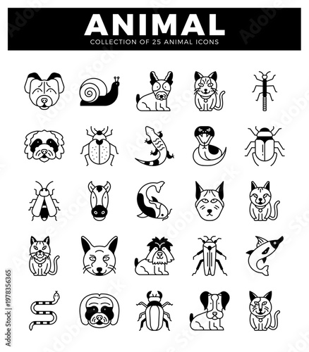 black and white animal icons in simple line art style. Isolated vector illustrations of pets and wildlife. Design element for children's books. websites. and apps.