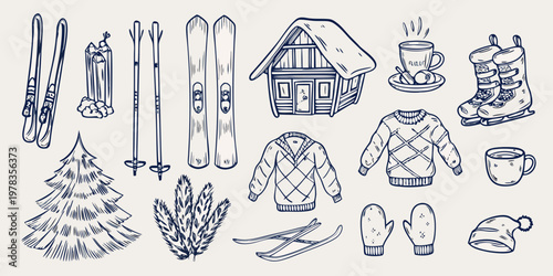 Winter scene with cozy cabin skis and warm clothing sketches